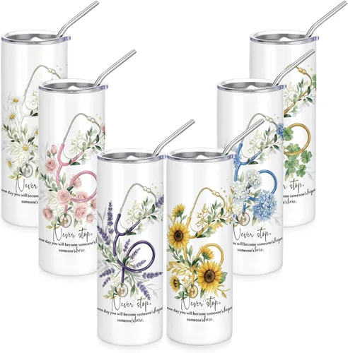 Miniatura 10 de Sabary Cna Week Gifts - Vaso de acero inoxidable de 20 onzas a granel con tapa y letrero de estetoscopio para mujeres, estudiantes de graduación