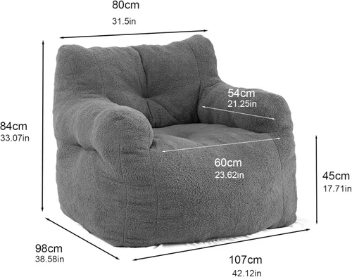 Miniatura 2 de DKLGG Puf para adultos, puf gigante con relleno incluido, de piel sintética, sofá de espuma viscoelástica, con reposabrazos para sala de estar, Gris