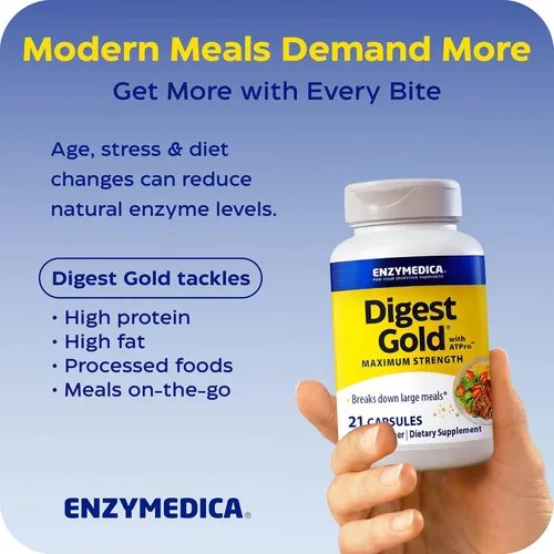 Miniatura 9 de Enzymedica Digest Gold + ATPro, fórmula enzimática de máxima fuerza, evita la hinchazón y los gases, 14 enzimas clave incluyendo amilasa, proteasa