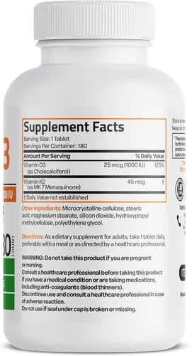 Miniatura 2 de Bronson Vitamina K2 (MK7) con D3 Dosis Más Baja 45mcg Vitamina K2 y 1000 UI Vitamina D3 Fácil de Tragar Mantenimiento Diario Fórmula 2 en 1 Sin OGM