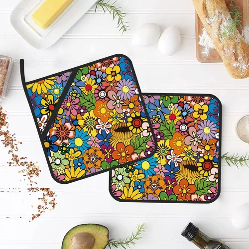 Miniatura 4 de Juego de 2 soportes para macetas abstractas hippie, resistentes al calor, para microondas, hornear, horno, platos finales y barbacoa Flor hippie