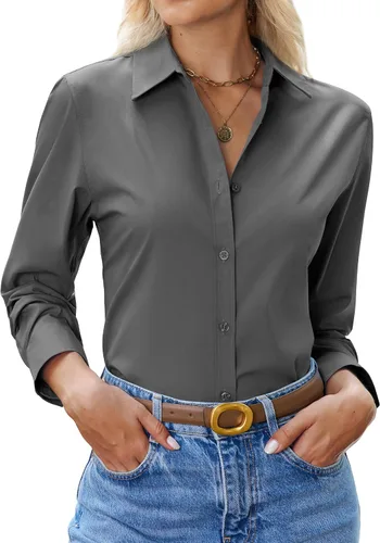 Miniatura 17 de siliteelon Camisa con botones para mujer: camisa de vestir con cuello de manga larga de algodón con botones, blusa de trabajo y oficina