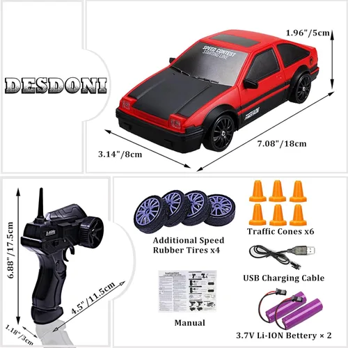 Miniatura 6 de Coche de control remoto RC Drift Car 2.4GHz escala 1:24 4WD de alta velocidad RC Vehículo con luces LED, baterías y neumáticos a la deriva, autos