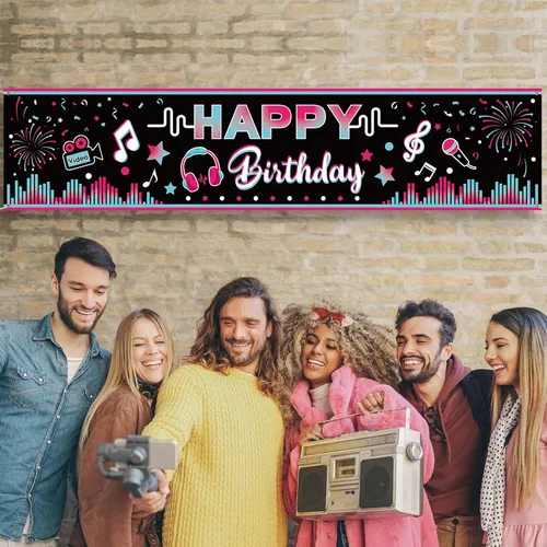Miniatura 5 de Cartel de feliz cumpleaños de 71 x 16 pulgadas, decoración grande de tela para fiesta musical, telón de fondo, telón de fondo para cabina de fotos