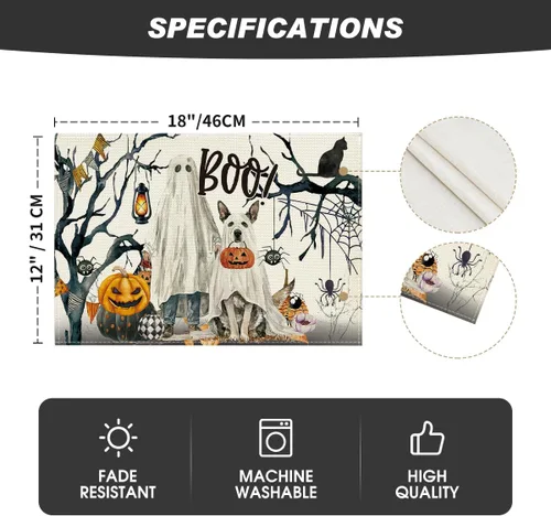 Miniatura 6 de Artoid Mode Juego de 4 manteles individuales de Halloween con diseño de calabazas fantasmas, árbol y perro, 12 x 18 pulgadas, para decoración