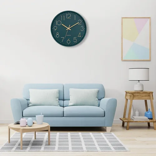 Miniatura 8 de Reloj de pared Lumuasky, moderno, analógico, silencioso, sin tictac, decorativo, de esmeralda, funciona con pilas, para escuela, oficina, aula, Verde