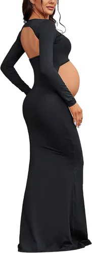 Miniatura 2 de Bhome Vestido de sesión de fotos de maternidad, manga larga, sexy, recortado, espalda descubierta, vestido largo de maternidad, trajes de fotografía