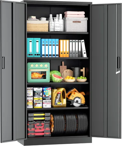 Superday Gabinete de almacenamiento de metal, armarios de almacenamiento de garaje de 72 pulgadas con cerradura, gabinete de metal negro con 2