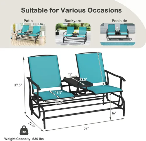 Miniatura 3 de Tangkula Silla mecedora para 2 personas, sofá biplaza mecedora para patio con mesa central de vidrio templado, banco de columpio para exteriores