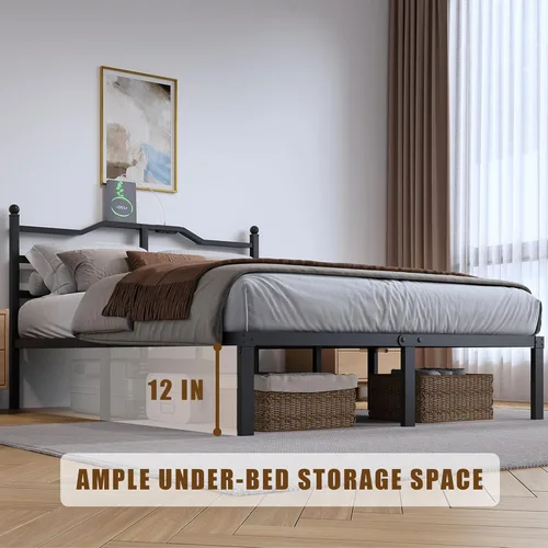 Miniatura 4 de SHOANED Marco de cama de 14 pulgadas de metal - Base de cama de tamaño matrimonial de alta resistencia con estación de carga y cabecera, listones