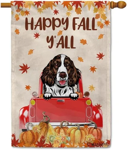Miniatura 21 de Bandera con texto en inglés «Happy Fall Y'all» con diseño de perro inteligente con calabaza en camión rojo y hojas de arce, pancarta de otoño