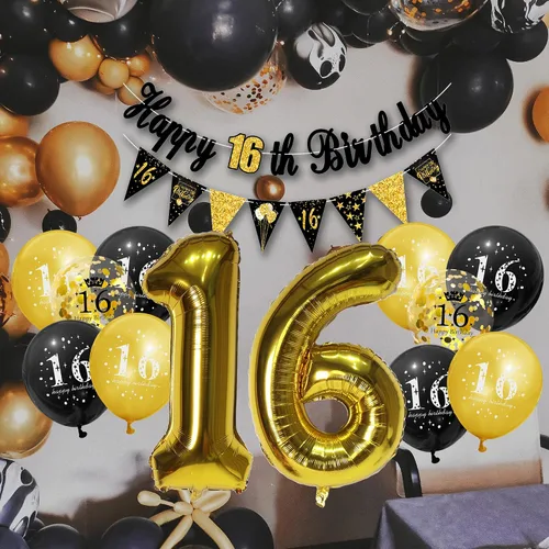 Miniatura 6 de Decoraciones de fiesta de cumpleaños número 16 para hombres y mujeres, negro y dorado, cartel de feliz cumpleaños negro y dorado, globos de feliz