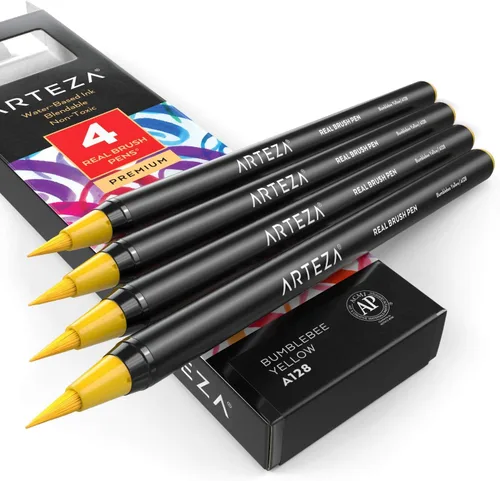 Miniatura 16 de Arteza Bolígrafos de pincel real, A174 gris delfín, paquete de 4, bolígrafos de acuarela con puntas de pincel de nailon, suministros de arte