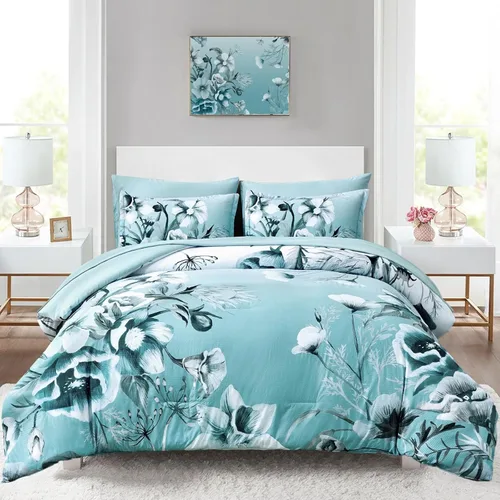 Miniatura 12 de Luxudecor Juego de edredón floral tamaño King de 7 piezas, cama de flores azul marino en una bolsa, elegante edredón floral con juego de sábanas