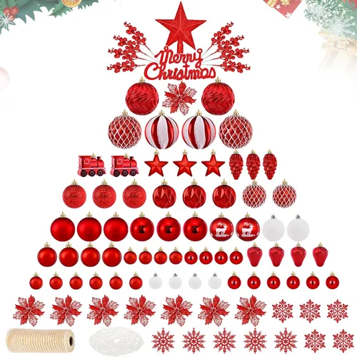 Miniatura 9 de Ktinnead Juego de 94 piezas de decoración para árbol de Navidad, adornos rojos inastillables para colgar en el árbol de Navidad con flores de pascua
