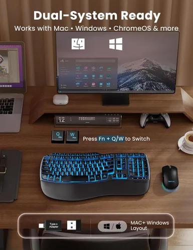 Miniatura 7 de Combo ergonómico de teclado y mouse inalámbricos, teclado retroiluminado recargable de 4000 mAh con un reposamanos suave de piel de cordero