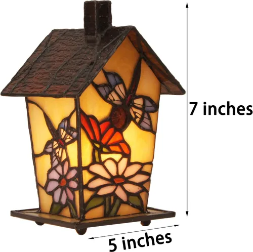 Miniatura 3 de Bieye L10782 - Lámpara de mesa estilo Tiffany con vitral en forma de casa de pájaro para decoración del hogar (17.8 cm de alto, libélula)