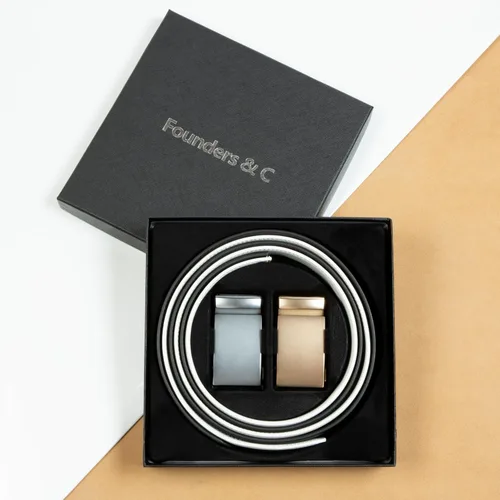 Miniatura 6 de Founders & C Cinturón para hombre, 2 unidades, vestido de cuero con trinquete con hebilla deslizante de 1 38 pulgadas en caja de regalo