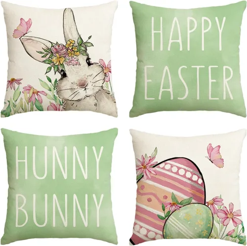 AVOIN colorlife Juego de 4 fundas de almohada verdes de conejo de Pascua feliz de Pascua, 16 x 16 pulgadas, diseño de conejito de Pascua para sofá
