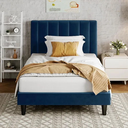 Miniatura 23 de Allewie - Base de cama tamaño King con cabecera acolchada tapizada en terciopelo y diseño acanalado vertical; plataforma de cama con resistentes
