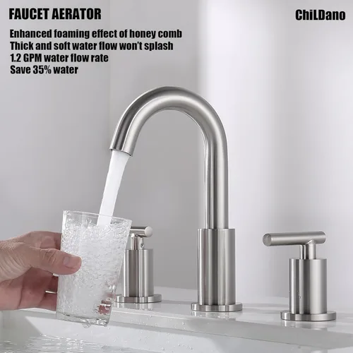Miniatura 4 de Grifo de baño extendido con desagüe de lavabo y manguera de suministro, grifo de níquel cepillado de 3 orificios para lavabo de baño, grifo de baño