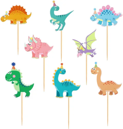 Miniatura 8 de Ercadio Paquete de 32 adornos para cupcakes de dinosaurios de dibujos animados, lindos dinosaurios para bebé, temática de dinosaurio, baby shower