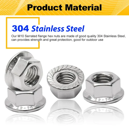 Miniatura 3 de M10 Tuercas de brida hexagonales dentadas, tuercas hexagonales de brida M10-1.5mm, acero inoxidable 304, métricas, tuerca de reemplazo resistente