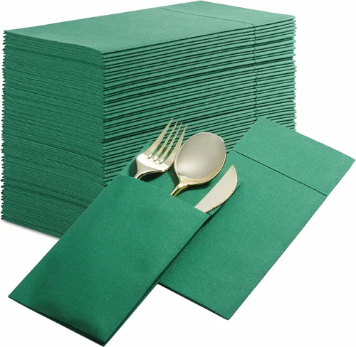 Paquete de 50 servilletas desechables de lino con bolsillo integrado para cubiertos, tela preplegada verde como servilletas de papel para Navidad,