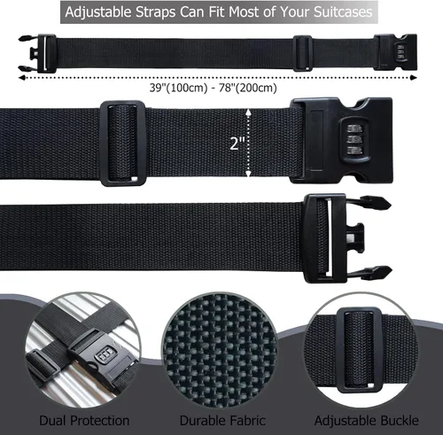 Miniatura 5 de 2 correas de equipaje de 78 x 2 pulgadas, correas de equipaje anchas ajustables, accesorios de viaje, negro y cerradura de combinación