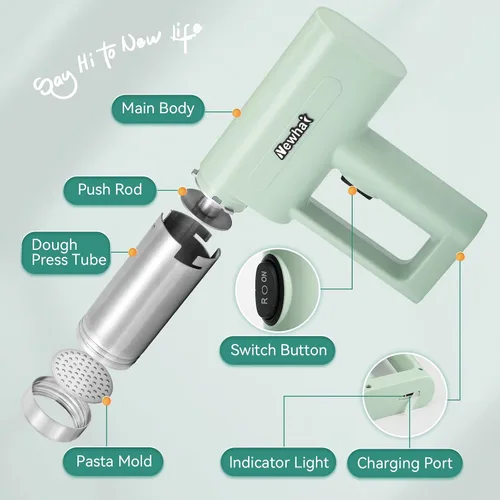 Miniatura 3 de Newhai Máquina de pasta portátil de mano 5 en 1, máquina de pasta inalámbrica con disco moldeador, máquina eléctrica de fideos para ramen