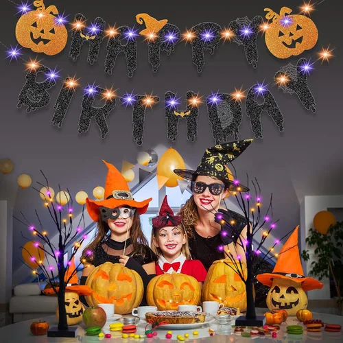 Miniatura 4 de Efunly Paquete de 2 árboles espeluznantes negros de Halloween de 24 pulgadas con luces naranjas y moradas, USB y árbol negro de mesa