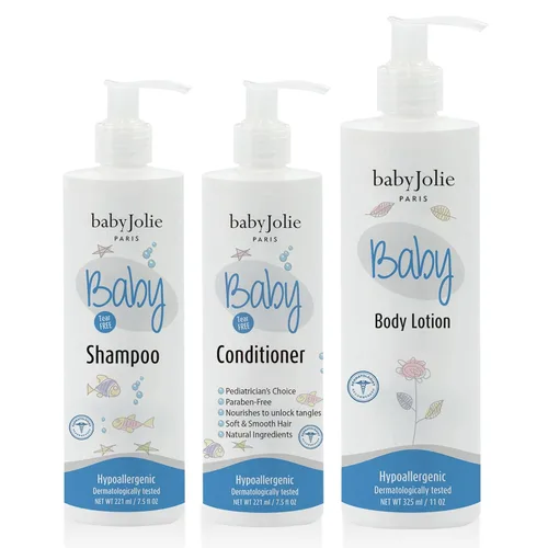 Baby Jolie Set de baño para bebés | Champú para bebés 7.5 oz (7.5 fl oz) + Acondicionador para el cabello 7.5 oz (7.5 fl oz) + loción 11 oz (11.0 fl