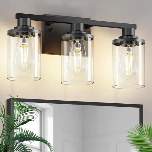 Miniatura 9 de L LOHAS LED Lámparas de baño negras de 2 luces, accesorios de iluminación modernos sobre espejo con pantalla de vidrio transparente, luces