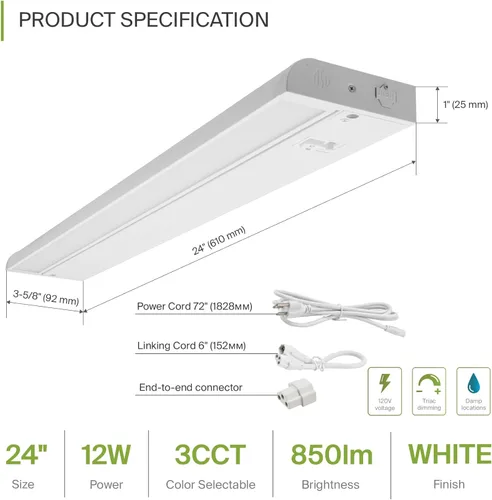 Miniatura 2 de ASD Iluminación LED giratoria para debajo del gabinete, 24 pulgadas 12W, con cables o enchufe, 2700K/3000K/4000K, interruptor de alto/bajo, lente