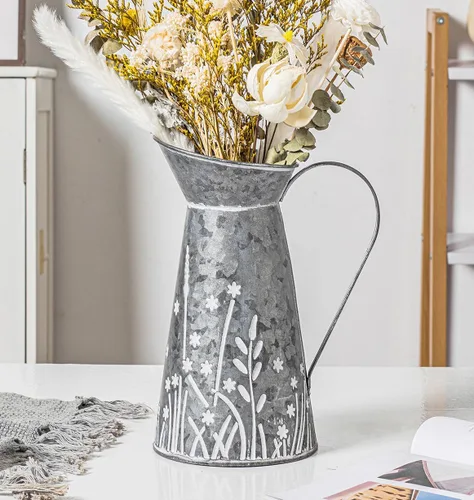 Jarrón jarra de metal galvanizado vintage, florero rústico de granja con asa, jarrón decorativo de jarra de leche floral para decoración del hogar,