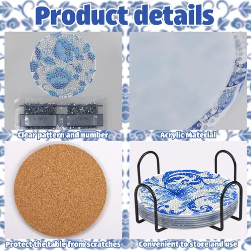 Miniatura 4 de Juego de posavasos con diseño de diamantes de flores azules, posavasos de diamante acrílico 5D con base de corcho y soporte para adultos, 8