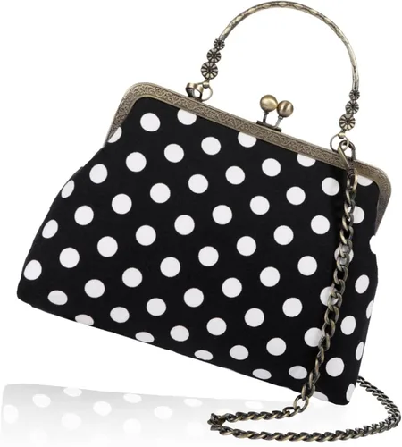 Bolso de lunares Vintage Kiss Lock Monedero Marco Bolsa de noche Embrague Lona Top Handle Cadena Correa Bolsa de Fiesta