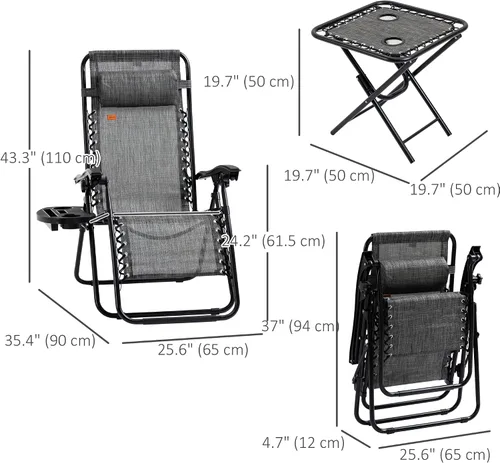 Miniatura 5 de Outsunny Juego de sillas Zero Gravity con mesa auxiliar, silla reclinable plegable con portavasos y almohadas, sillas ajustables para piscina, patio