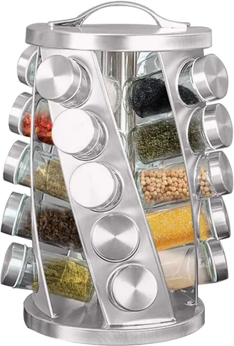 Estante de especias portátil de acero inoxidable con 20 tarros de especias incluidos, organizador giratorio de especias para cocina, estante de Plata