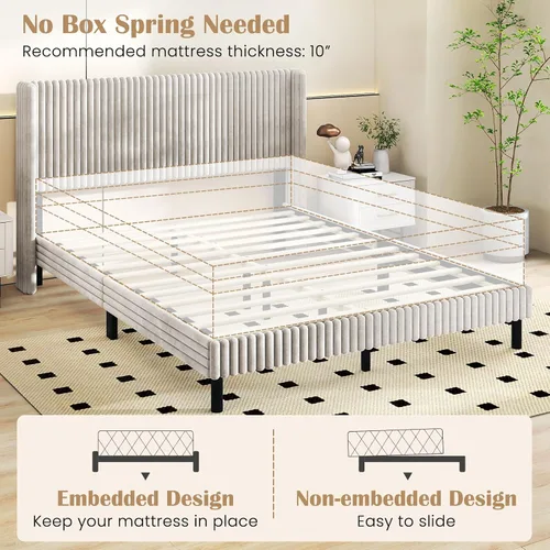 Miniatura 9 de Giantex Base de cama de terciopelo tamaño Queen, plataforma tapizada con cabecera vertical copetuda, base de colchón de soporte de listones