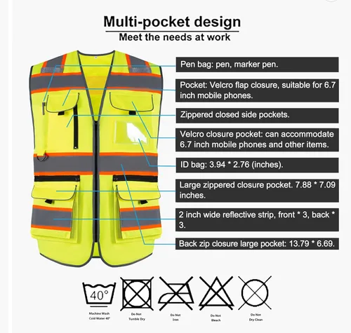Miniatura 3 de Chaleco de seguridad reflectante de alta visibilidad, clase 2, 10 bolsillos, transpirable y forro de malla, ropa de trabajo (M-2XL, amarillo negro)