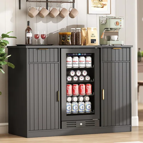 Lamtor Gabinete de barra de café con almacenamiento, mini gabinete para nevera de 53 pulgadas con toma de corriente, barra de vino acanalada con