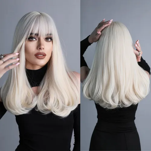 Miniatura 17 de PARK YUN 27IN Cool Ash Platinum Blonde Straight Wig with Bangs Long Layered Synthetic Wig Shadow Root Light Beige Blonde Hair Heat Resistant Natural