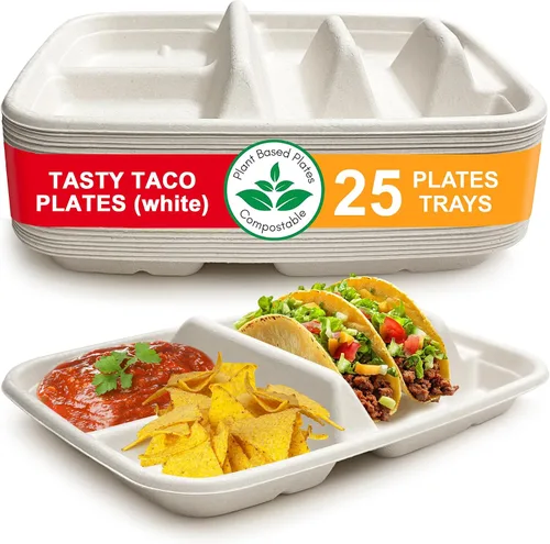 Platos desechables blancos para tacos para 2 tacos y 2 lados – Paquete de 25 | Platos de papel de primera calidad con divisores, soporte para tacos