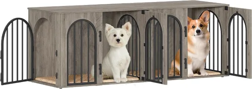 Miniatura 9 de Hzuaneri Mueble jaula para perros de 63" para 2 perros, soporte de TV para perrera de interior resistente, jaula de madera L con divisor para perros
