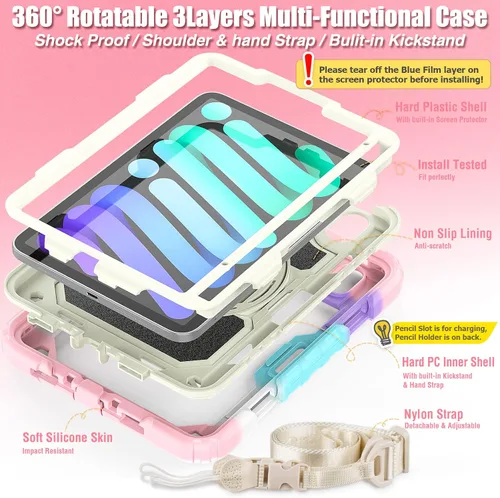 Miniatura 6 de SEYMAC stock Funda para iPad Mini 7 (A17 Pro) 2024/Mini 6 de 8.3 pulgadas con protector de pantalla portalápices [correa de mano giratoria 360º]