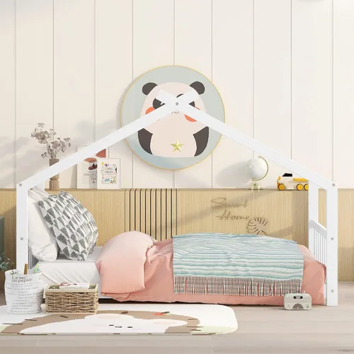 Miniatura 3 de Cama de casa de tamaño individual para niños, base de cama Montessori tamaño individual con cabecero y estribo, cama de madera para niños y niñas