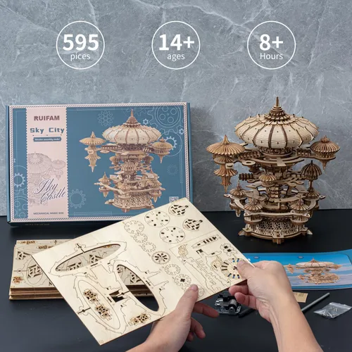 Miniatura 2 de Rompecabezas de madera 3D para adultos, kit de modelo de caja de música SkyCity, más de 600 piezas, diseño de paisaje urbano, desafiante artesanía