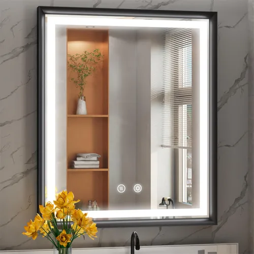 Miniatura 12 de Espejo de baño LED redondo Bluetooth dual de 20 pulgadas con antivaho Black Frame Circle Vanity Mirror with Lights, 3000K/4500K/6000K, Adjustable