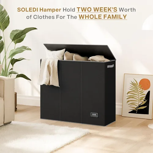 Miniatura 7 de SOLEDI Cesta de ropa sucia de 180L de 3 secciones, cesta de ropa sucia extra grande con tapa, cesta de ropa sucia con asa resistente, organizador